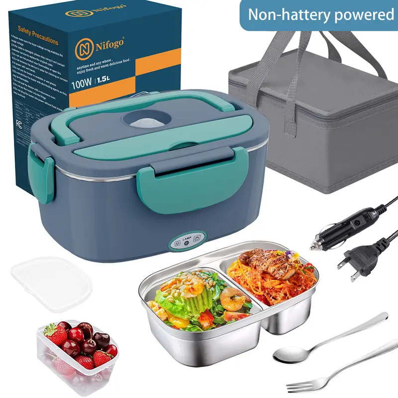 Nifogo 100W Fast Heat Heating Lunch Box for Adults - 1.5L Stainless Steel Thermal Container, 12V Car-Ready, Easy to Clean, with Fork, Utensils, Insulated Case, Classic Black (Boxed for Office Use)