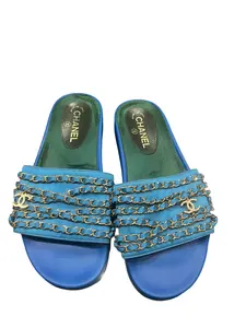 CHANEL: French Blue, Canvas Chain & Interlocking CC Logo Flat Sandals