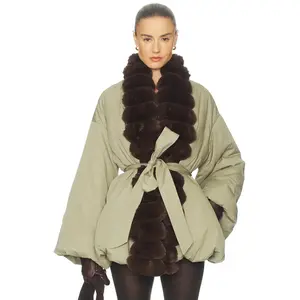 Helsa Bubble Puffer With Faux Fur in Fennel & Cedar