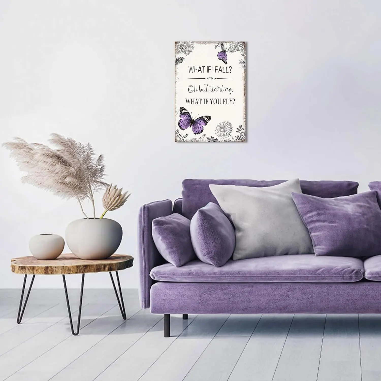 Artistic Purple Butterfly Inspirational Quote Canvas Wall Art Print - 12"x16" Framed Motivational Decor, "What If I Fall" Positive Sign for Teen Girl Bedroom, Ready to Hang