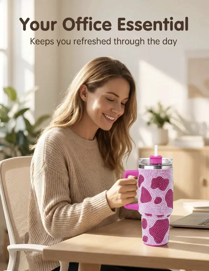 40oz Cow Print Rhinestone Stainless Steel Insulated Cup - Portable Double Wall Vacuum Water Bottle, Lightweight Reusable, Handle & Straw Lid, Large Capacity Car Interior Stowing Accessory, Animals-Themed Casual Glam, US Local Warehouse Back To School Gift