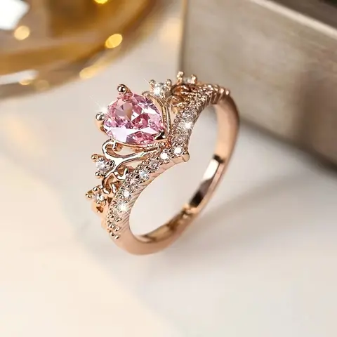 Elegant Rose Golden Pink Crown Ring for Women - Cubic Zirconia Accents, Alloy, Perfect for Weddings & Everyday Glamour