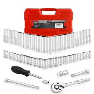 54pcs 1/4" Socket Set,Drive Impact Socket Set, SAE/Metric, Deep & Shallow with Universal Joint,Extension Bars,Hex Bit Holder, Spinner Handle,Ratchet,Cr-V Steel，6 Point，4-14mm，5/32-9/16 inch Torque Wrench Tool Box Hardware