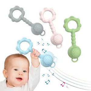 2-In-1 Silicone Rattle & Teether Toy, Soft Soothing Teether Ring, Baby Teether with Massage Dot, Keeps Babies Entertained