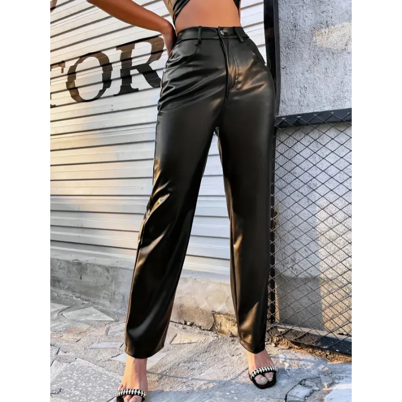 High Waisted PU Leather Pants - Stretch Faux Leather Trousers, Women's Casual All Season Solid Color Pants