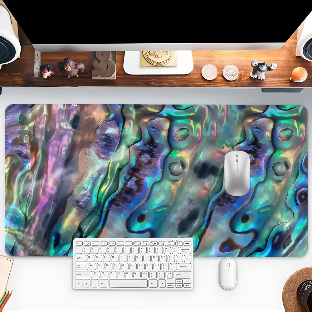 Abalone Shell Pattern Gaming Mouse Pad Iridescent Ocean Mousepads Extended Large Desk Mat With Stitched Edge Non-Slip Rubber Base Desk Accessories for Home Office Decor Desk Pad 35.4x15.7 Inch Perfect Gift for Men Women