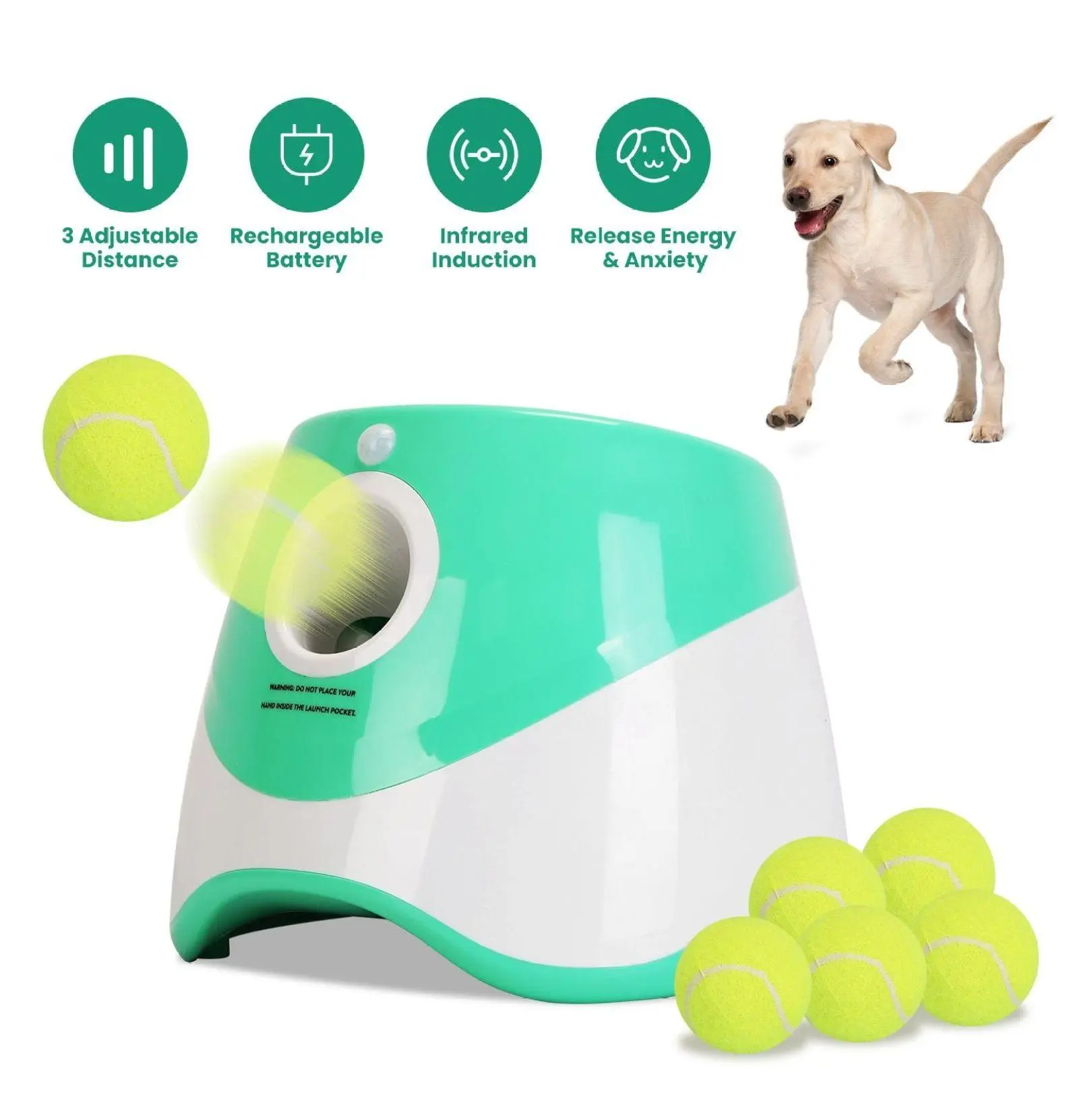 Dog Ball Launcher Automatic Fetch Machine with 6 Tennis Balls, Adjustable Distance, for Small Medium Dogs Green