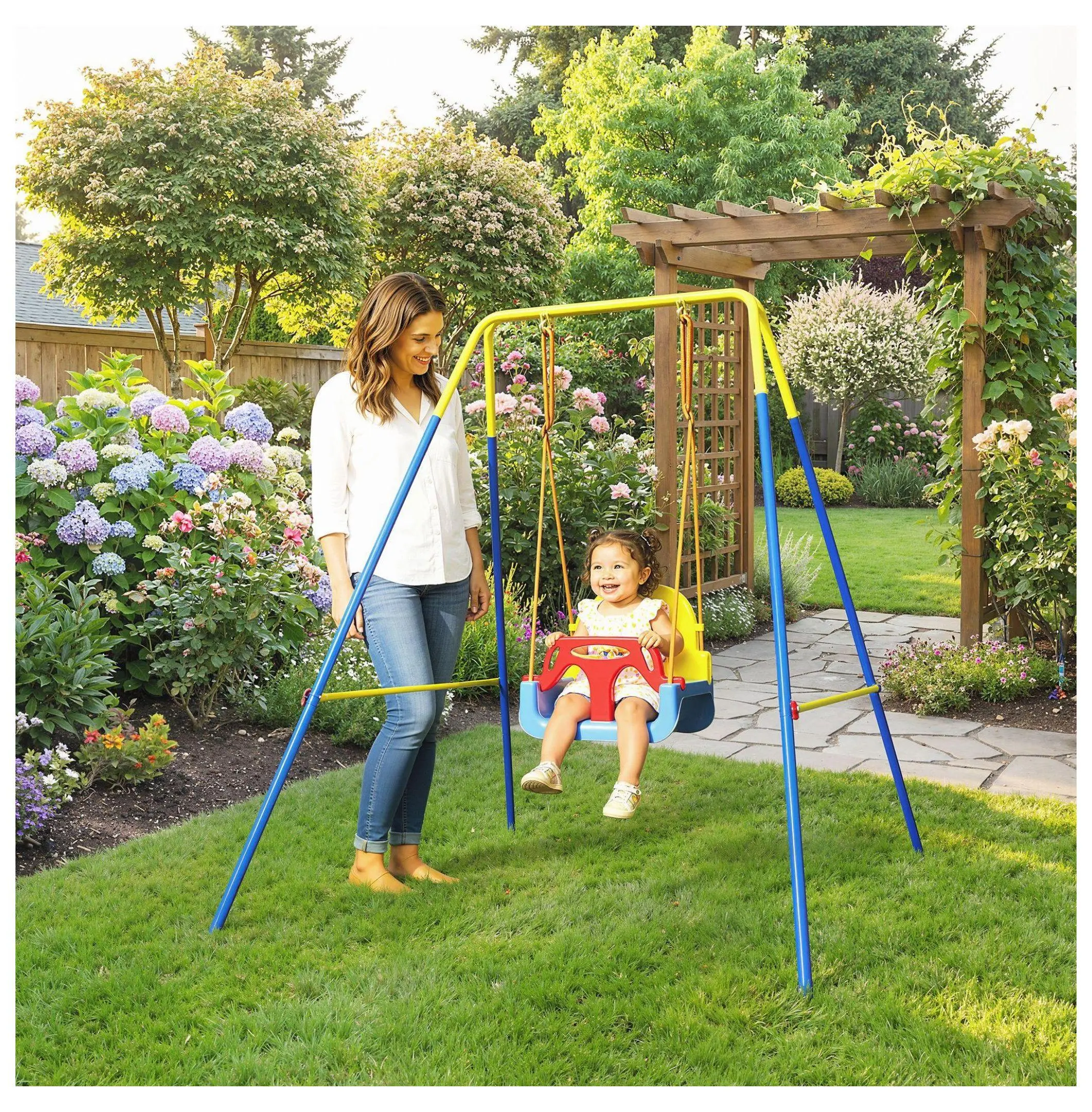 Toddler Swing Set 3 in 1, Folding Baby Swing for Indoor Outdoor, Adjustable Height Swing with Seat Belt, Blue Default Title