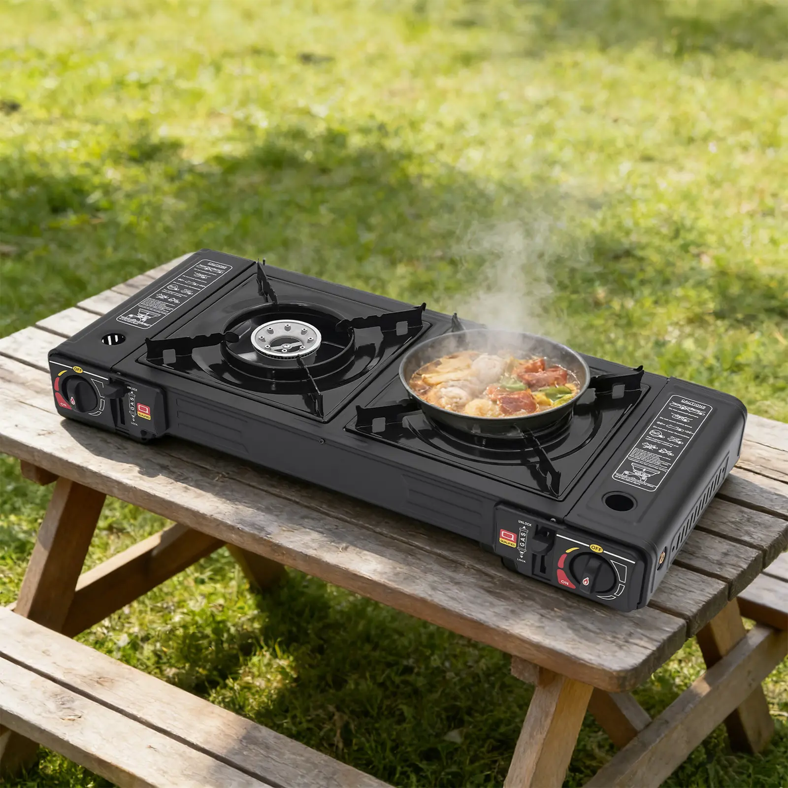 Portable 2-Burner Camping Stove - 2500W Each, Compact, Piezo Igniter, Tabletop Mount, with Carrying Case for Outdoor Camping Equipment, Picnic RV Use, Camping Supplies, Outdoor Cooking