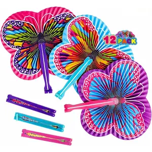 9.5 Inch Handheld Butterfly Folding Fans - Pack of 12 Foldable Fans in Assorted Colors and Designs, Goodie Bag Filler, Party Favors and Supplies, Fun Novelties and Gifts for Kids Ages 3+