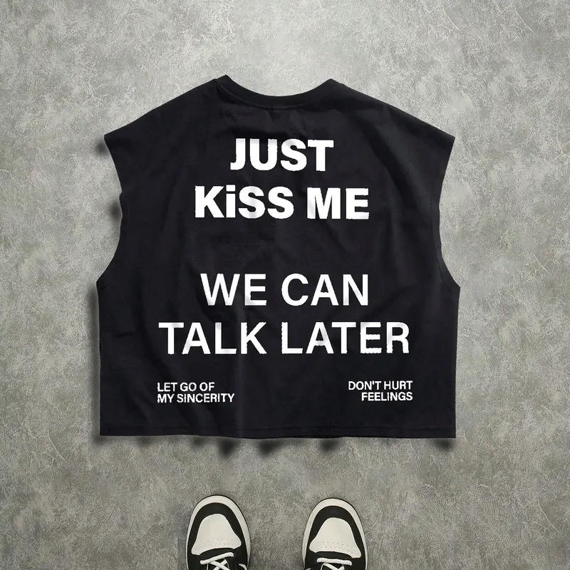 Men's 'just Kiss Me' Print Loose Oversized Short Sleeve Vest, Sleeveless, Graphic Tank Tops, Y2K Street Style, Streetwear, Romantic Slogan Cool Top, Casual Fit for Night Out & Daily Wear, Sleeveless Loose Fitting
