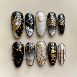 Mystic Celestial Press On Nails | Gold Moon Star Tarot Nails | Almond Black White Nails for Witchy Gothic Look