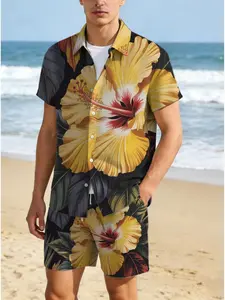Men's casual suit, tropical floral pattern (yellow hibiscus + bright green leaves), polyester material, mixed colors, available in various sizes, vintage aesthetic print, suitable for daily wear and sports, stylish and comfortable set for Hawaiian vacatio