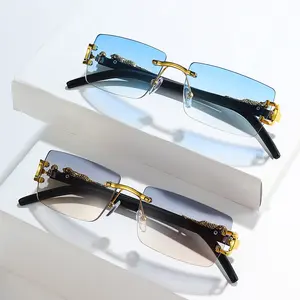 Rimless Cut-Edge Sunglasses for Women & Men, Trendy Leopard Print Temples, Fashion Personality Shades, UV Protection Stylish Eyewear