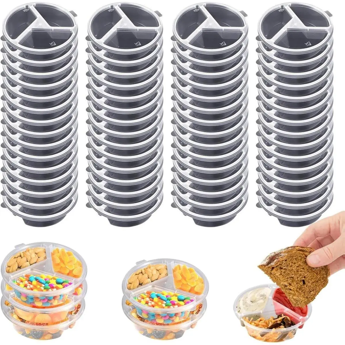 3-Compartment Disposable Plastic Condiment Containers with Lids, 30-Pcs Pack 5 oz Cups for Salsa Dips, Dressing, Sports & Outdoor Leisure Use