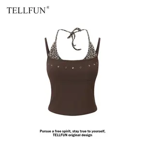 TELLFUN Women's Lady Sleeveless Y2K Leopard Halter Studded Tank Top - Slim Fit, Contrast Leopard Print Panel, Studded Detail, Halter Neck Tie, Retro Streetwear Style 2in1