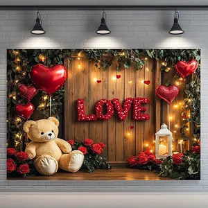2D Flat, 1pc Romantic Red & Brown Love Hearts & Teddy Bear Floral Backdrop with Glowing Fairy Lights Effect - Elegant Beige Wood Plank Background with White Balloons & Roses - All-Season Photo Background for Valentine's Day, Anniversaries,