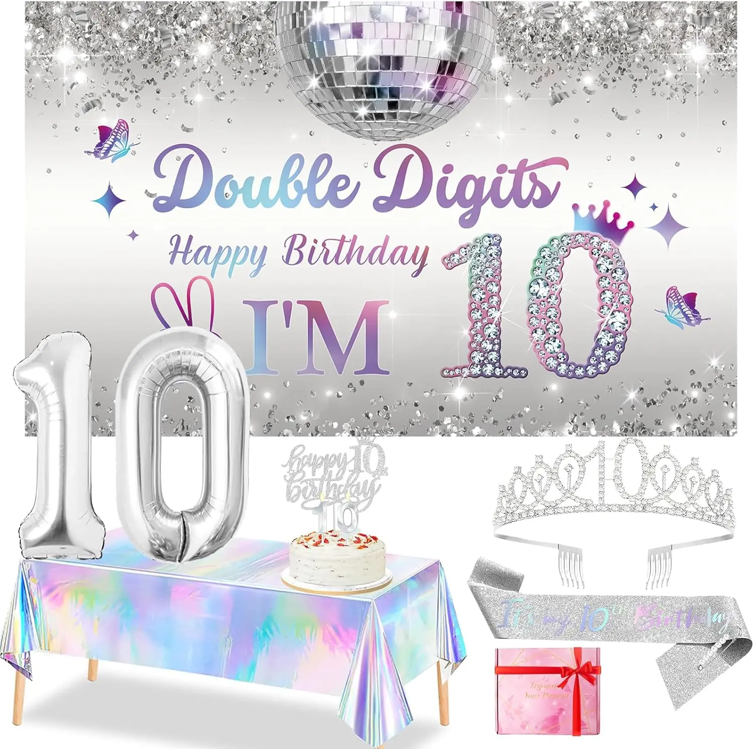 Girls' 10th Birthday Decorations Set - Silver Double Digits Banner, Tablecloth, Sash, Tiara, Cake Topper, Number Balloons for Festive Celebrations, Festive & Party Supplies Gifts
