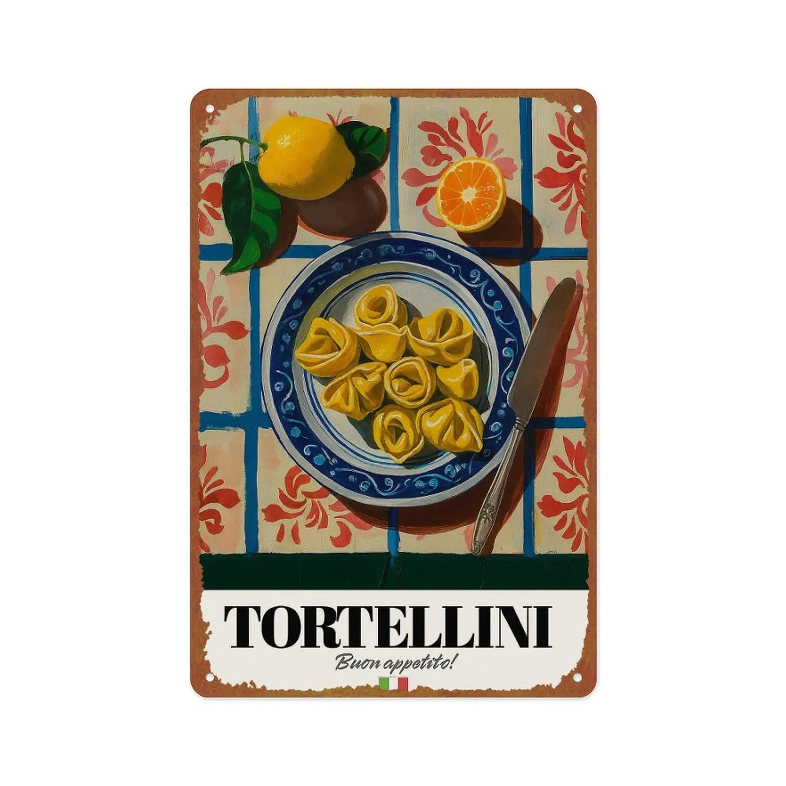 Vintage Italian Tortellini Aluminium Metal Tin Sign - 12x8 in Rustic Decorative Durable Food-Themed Wall Plaque, Kitchen Home Decor for Bars Supplies