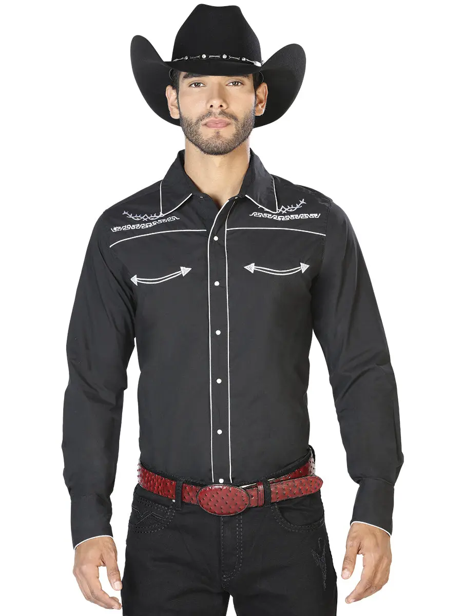 Menswear Men's Customized Western Cowboy Shirt - Floral Embroidery, Long Sleeve, Casual Collared Button-Up Top, Cowboy Shirts