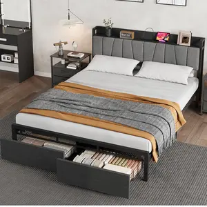 GARVEE King Size Bed Frame with Storage Headboard, Industrial King Platform Bed with 2 Large Drawers and Charging Station, Black No Box Spring Needed Bedframe