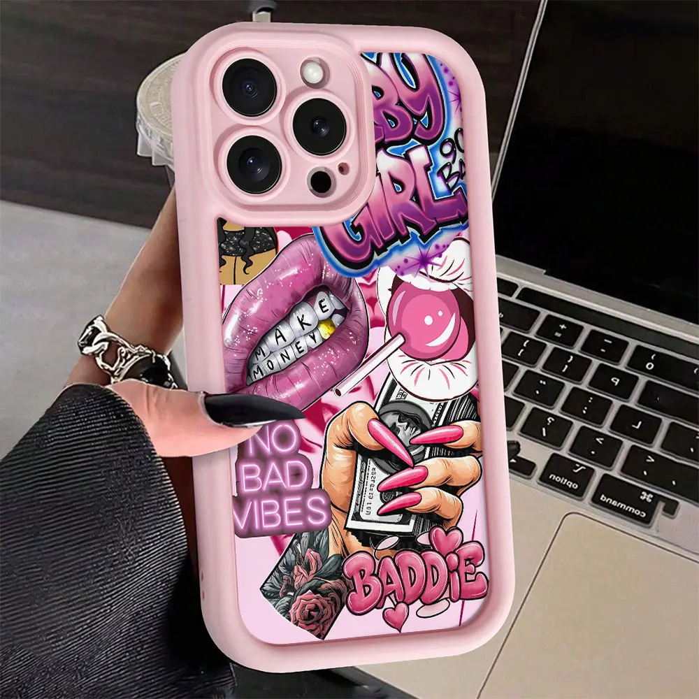 Pink Lips & Dollar Bill Print TPU Shockproof Full-Cover Precision Smartphone Case - Handheld Protector for iPhone 17,16,16E,15,14,13,13 Mini,12,12 Mini,11,X,XS,XS Max, Stylish Tech Accessory, Ideal Birthday Gift, summerwins