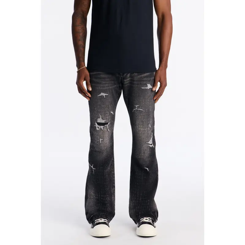Stacked Skinny Flare Bleach Croc Jean - Black Wash