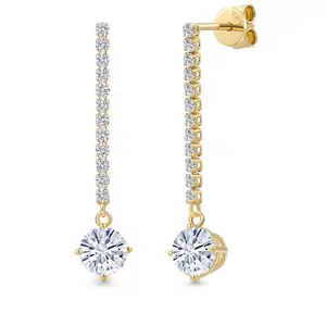 Gem Stone King 14K Yellow Gold Gemstone Birthstone and Lab Grown Diamond Long Liner Dangle Earrings for Women | Round 6.5MM | Yellow Gold Chain Drop Earrings