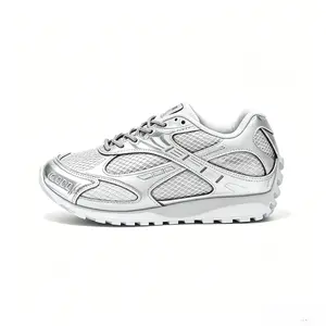 Women's All Silver Mesh Dad Shoes Full Metallic Finish Retro Style Thick Sole Non-Slip Casual Walking Shoes Full silver metallic sneakers  Summer breathable shoes