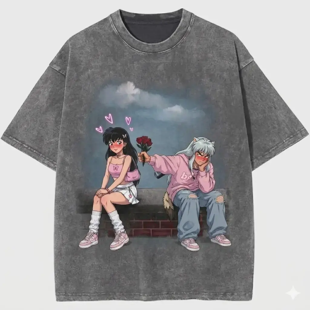 Anime Couple Shirt, Inuyasha Kagome Inspired Tee, Cute Tsundere Love Shirt, Pink Aesthetic Anime T-Shirt, Romantic Anime Couple Gift Womenswear Cotton Top Wetsuit Crewneck Crewneck Round Neck Streetwear Tshirt Wetsuit
