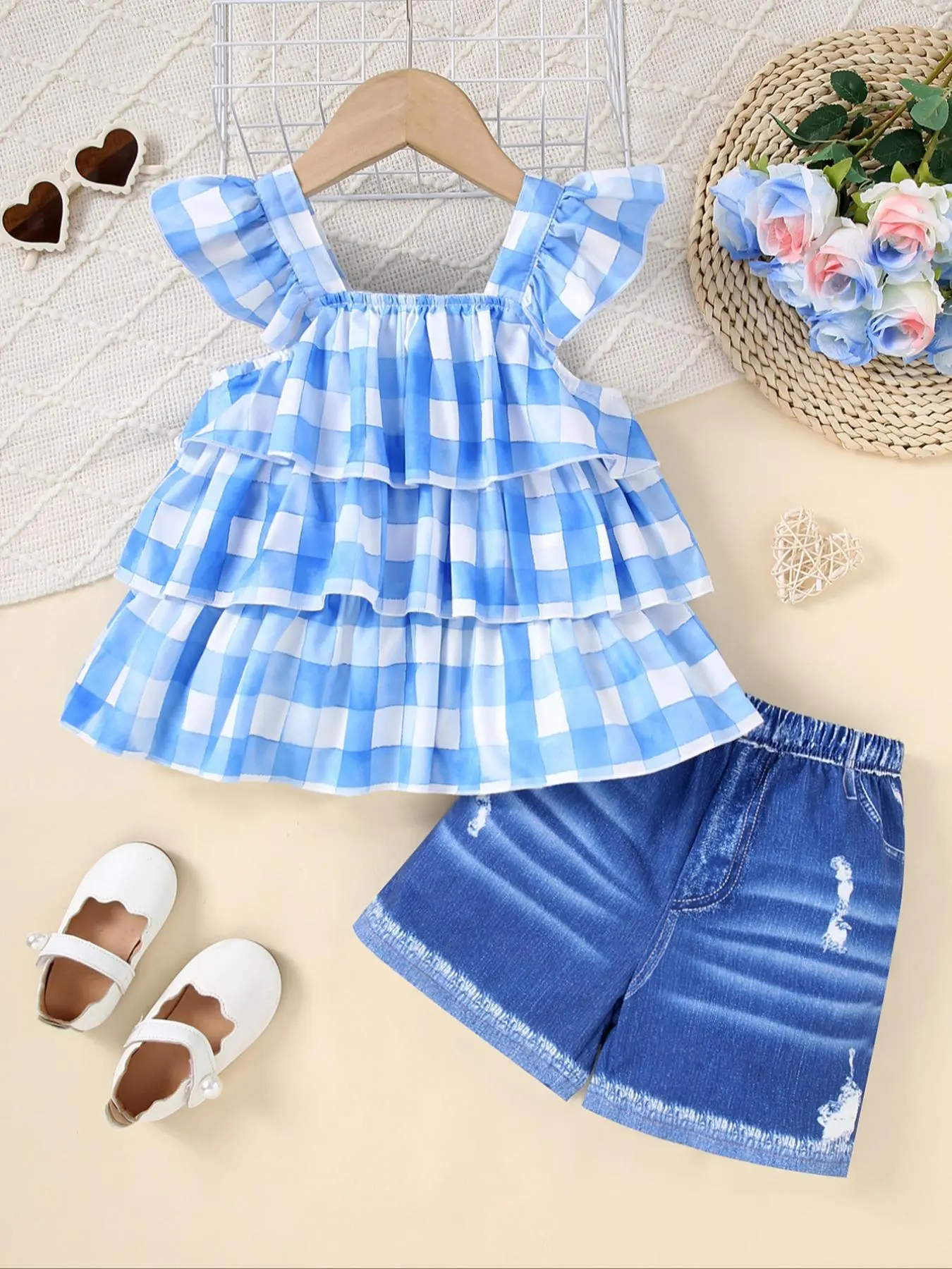 Girls Summer Clothes Set Blue Plaid Cap Sleeve Top with Denim Look Shorts, Perfect for Playdates and Summer Fun, Children Clothes Kids