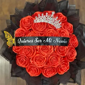 Pull Out Message Bouquet Red Roses 24-100 Count Quieres Ser Mi Novia with Tiara & Butterfly Decor