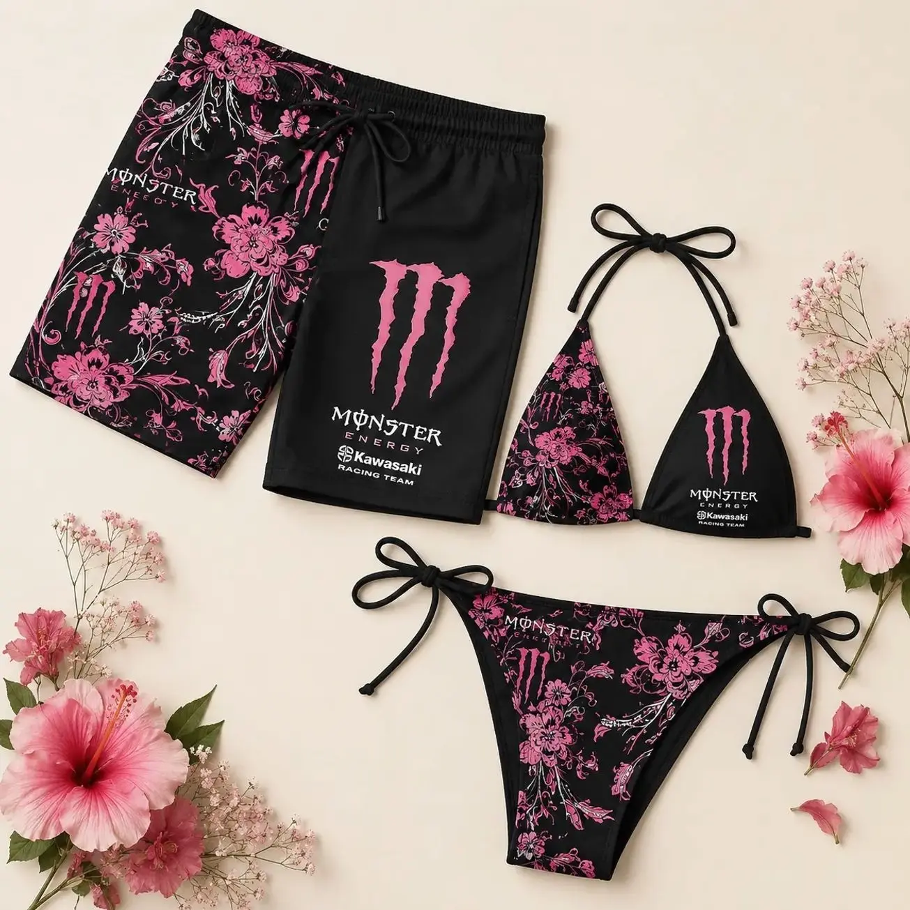 Matching Monster Floral Couples Swimwear Set, Women's Triangle Bikini & Men's Swim Trunks, Hawaiian Beach Vacation Outfit for Him and Her