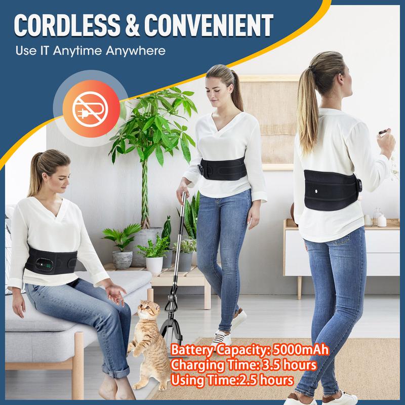 Cordless Lower Back Massager, Waist Heating Pad, Shoulder Heating Pad, LED Belt with 3 Levels Heat & Vibration, 5000mAh Heated Back Wrap Strap for Dad Mom Gifts, Portable Heating Pad