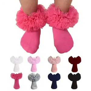 1 Pair of Pink Fluffy Ruffle Ankle Socks for Girls - Polyester Blend, Knit Fabric, All-Season Wear, Hand Wash Only, Princess Style, Allseason Socks | Playful Design | Stretchy Fabric