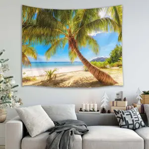 Tropical Beach Palm Tree Tapestry, Turquoise Ocean Coastal Scenic Wall Hanging, Sunny Island Paradise Wall Art for Bedroom Living Room Dorm, Summer Vacation Decor Blanket