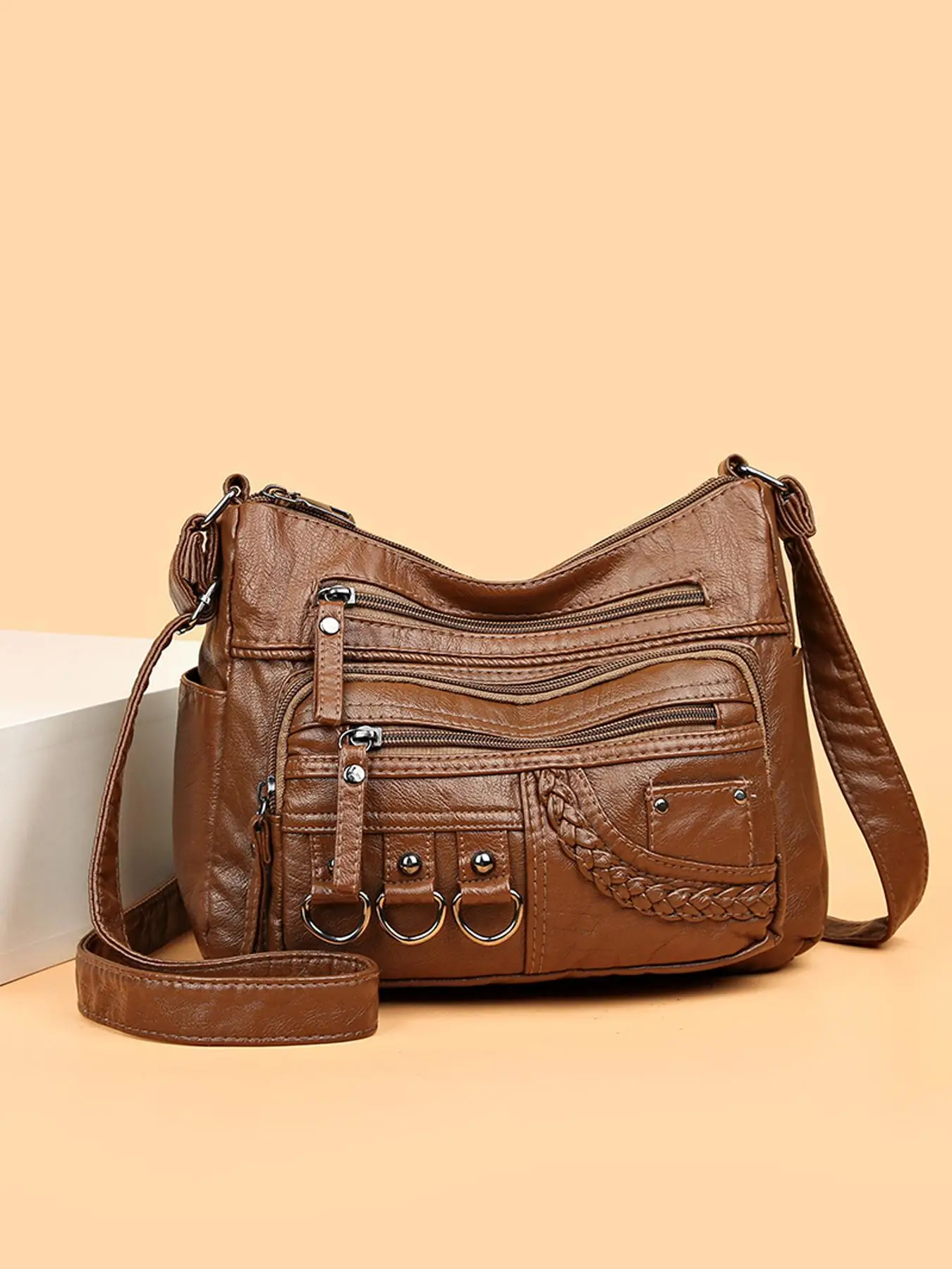 Women's Fashion Braid Detail Crossbody Bag, Metal Decor Solid Color Crossbody Bag, Soft Pu Bag With Multi Zipper