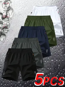 Men's Summer Casual Athletic Shorts 5-Pack Elastic Waistband with Drawstring Side Zippered Pockets Breathable Polyester Spandex Blend for Workouts Fitness and Running