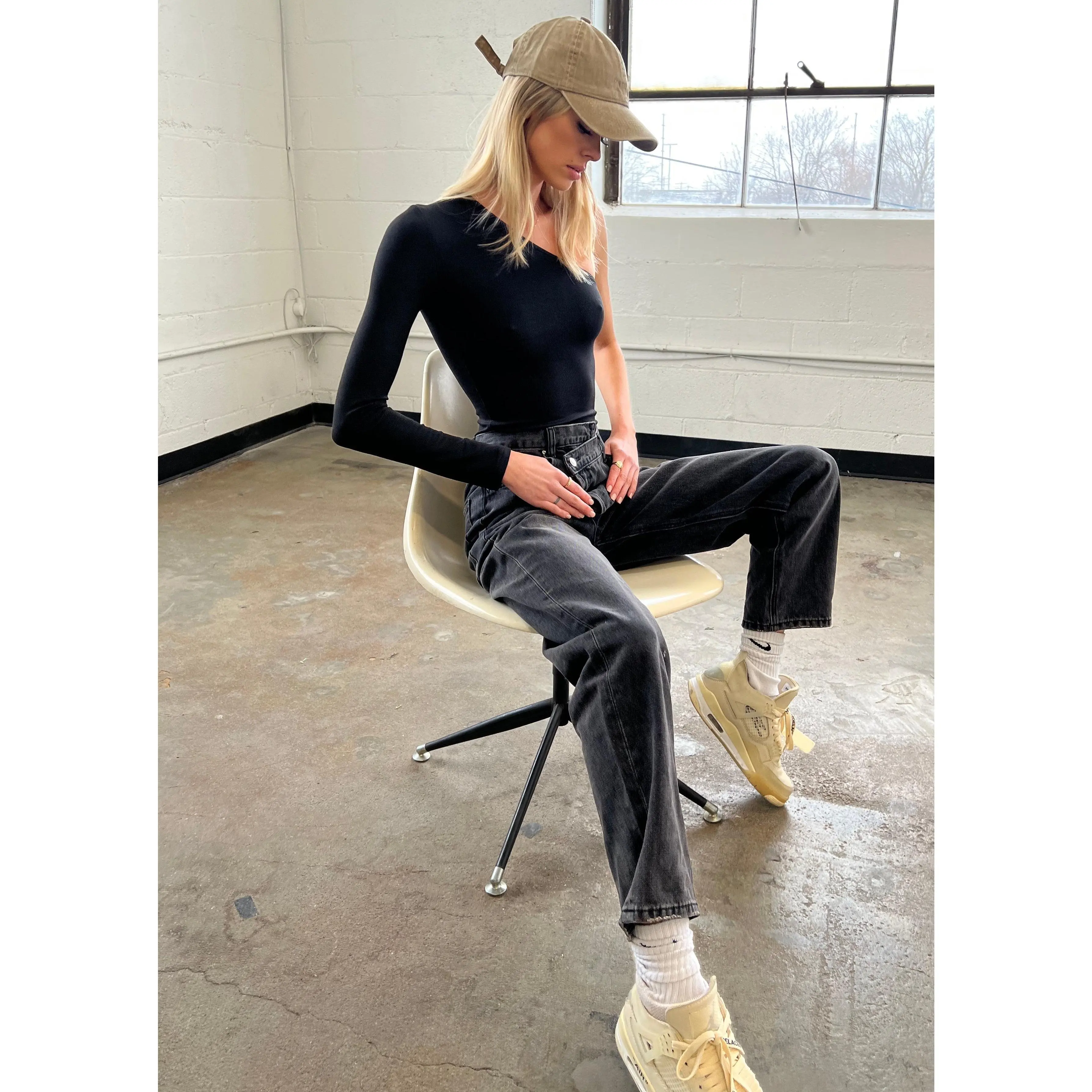 Asymmetrical Black Distressed Denim
