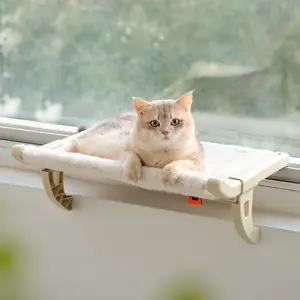 Window Sill Perch for Indoor Cats, One-Step Sliding Clamping Slot Adjustment Cat Hammock With Removable Covers, Bed for Windowsill & Bedside (Beige, Large)