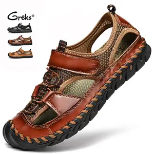 GREKS Men's Outdoor Sandals - Adjustable Strap, Toe Protection, Mesh Upper, Brown & Black, Summer Comfort Breathable Shoes