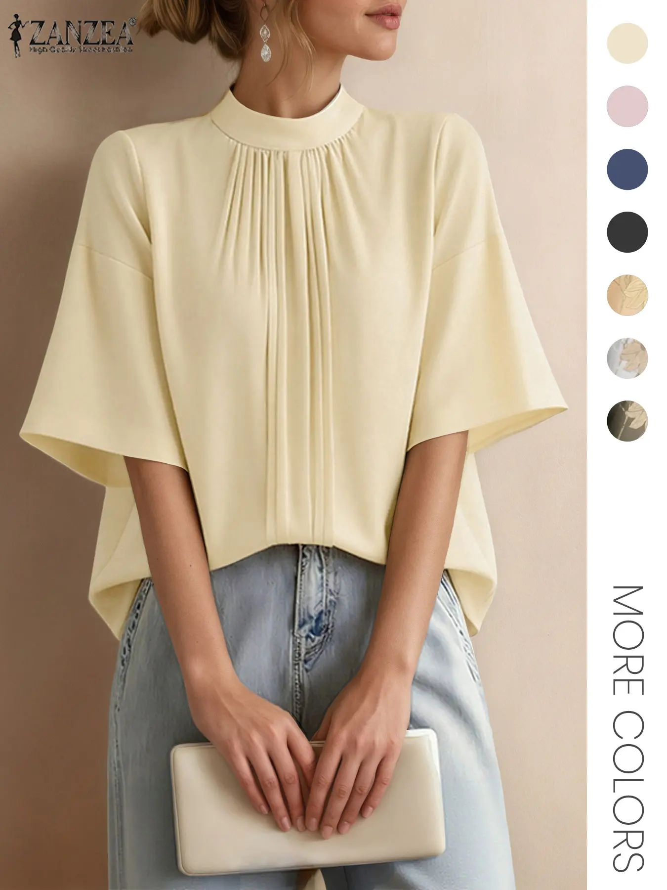 ZANZEA Women's Casual Loose Fit Top Blouse Shirt Elegant Stand Collar Half Sleeve Wrinkled Plain Design Suitable for Daily Outdoors Commuting