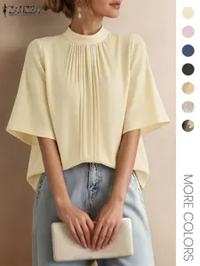 ZANZEA Women's Casual Loose Top Blouse Shirt Elegant Stand Collar Half Sleeve Wrinkled Plain Design Suitable for Daily Outdoors Commuting