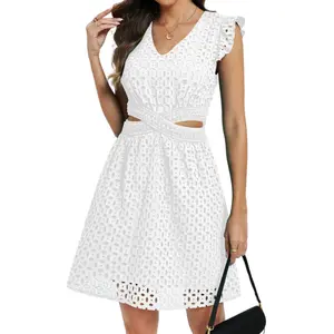VIMPUNEC Women's Summer Eyelet Cutout Waist Flare Dress Wedding Guest Lace Flutter Sleeve A-Line Cocktail Sun Dress