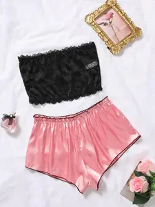 Women's Solid Color Tube Top & Contrast Binding Shorts Pyjama Set, Comfy Two-piece Pj Set, Women's Sleepwear for Summer, Womenswear, Lingerie, Loungewear