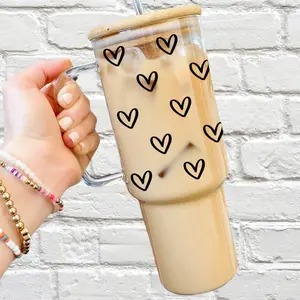 Black Hearts Glass Cup with Lid and Straw - Aesthetic Drinkware with Bamboo Lid, Cute Large Iced Coffee Mug Bottle Portable