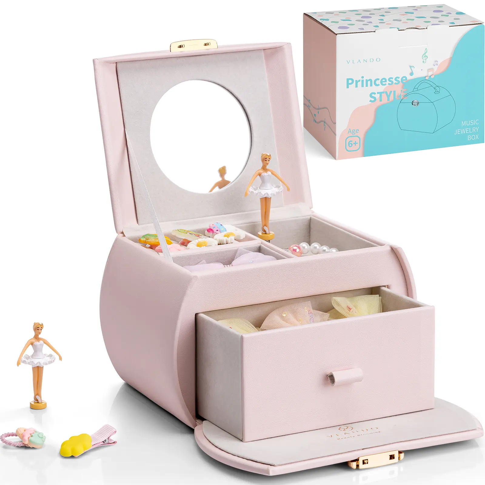 VLANDO Kids Musical Jewelry Box for Girls - Drawer, Ballerina, Stickers, Percussion Light Drums, Organizer - Birthday Christmas Gift, Bedroom Home Decor Item