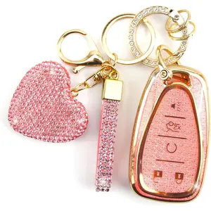 New Upgrade Key Fob Cover for Chevy with Diamond Keychain for Women Car Key Holder Compatible with Chevrolet Equinox Malibu Cruze Traverse Camaro Trax Blazer Volt Bolt Protector, 5 Buttons (Pink-Heart)