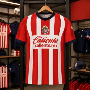 Chivas 2022-23 Men’s Red White Striped Soccer Jersey Style Shirt, Short Sleeve Football Fan Tee, Athletic Game Day Sports Top -  Full Print Logo