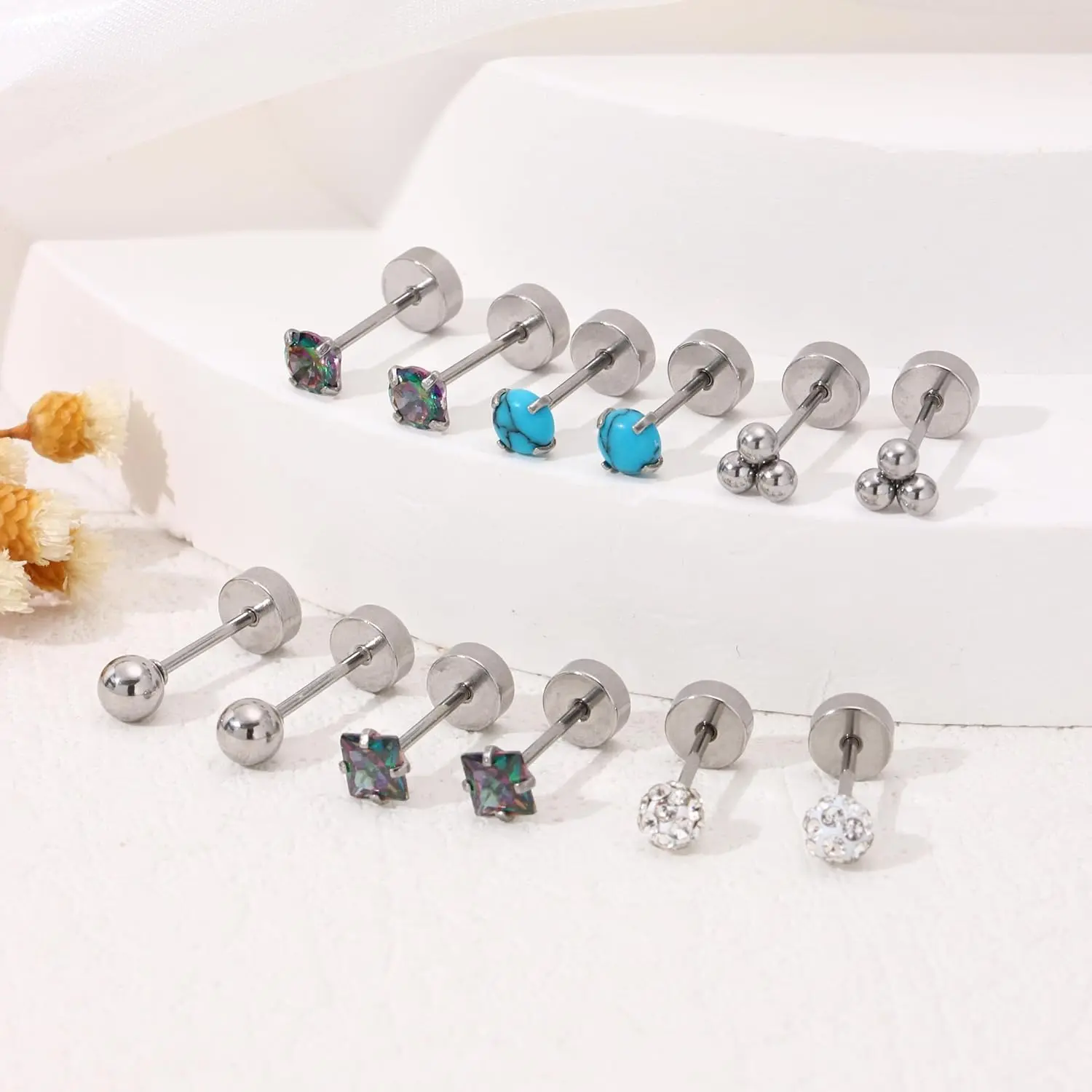 Women's 23 Pairs Hypoallergenic Titanium Earrings, 20G Gauge, 6mm Post Length, Cute Heart & CZ Flower Balls, Tiny Flat Back, Elegant Secure-Fit G23 Fashion Jewelry Gifts